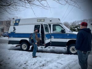 Shane Stoehr of Journeyman Hammocks and his converted Ambulance