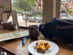 breakfast sandwich and coffee at Good Karma , Manitou Springs, Colorado